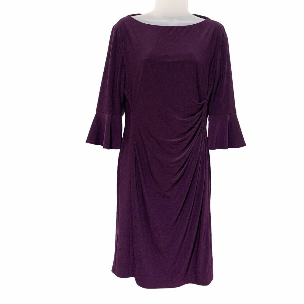 Chaps Womens Dress Bell Sleeve Ruched Side Purple Boat Neck Stretch Size M